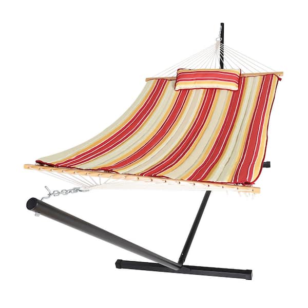 VEIKOUS 12 ft. Quilted Hammock Bed 2-Person with Detachable Pillow and Stand, Red