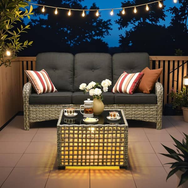 XIZZI Canopy Reed Wicker Outdoor Couch Patio Sofa with Black Cushions and Coffee Table
