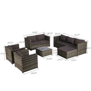 6-Piece Dark Gray Rattan Wicker Outdoor Sectional Sofa Set with Dark Gray pp Cushions, Ottoman for Porch, Backyard