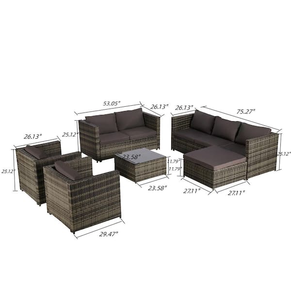 Zeus & Ruta 6-Piece Dark Gray Rattan Wicker Outdoor Sectional Sofa Set with Dark Gray pp Cushions, Ottoman for Porch, Backyard