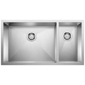 Precision Undermount Stainless Steel 33 in. x 18 in. 0-Hole 70/30 Double Bowl Kitchen Sink in Satin Polished