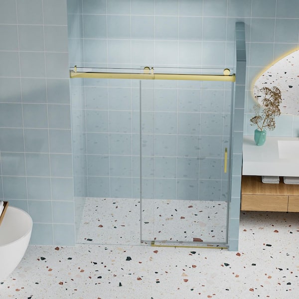 56 in.-60 in. W x 76 in. H Frameless Single Sliding Shower Door with 1/4 in. Tempered Clear Glass in Gold