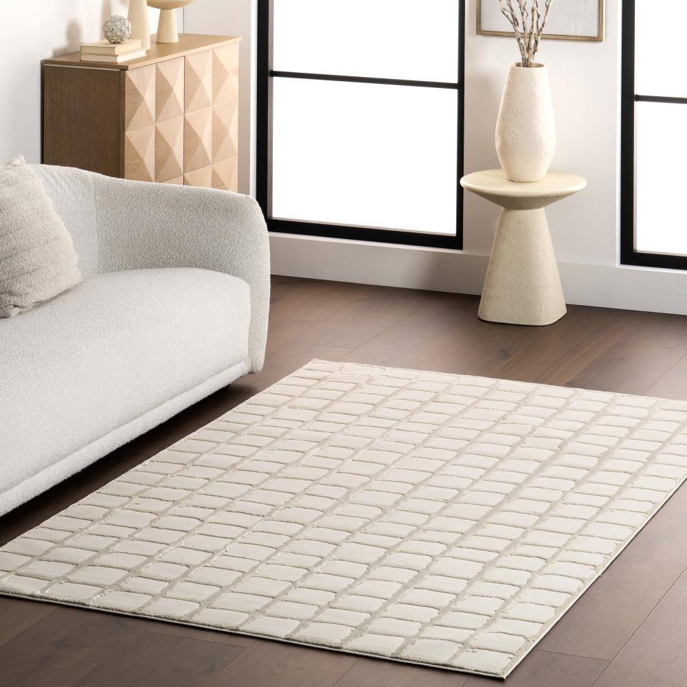 Eunice Modern Beige Checkered 4' x 6' Machine Washable Area Rug