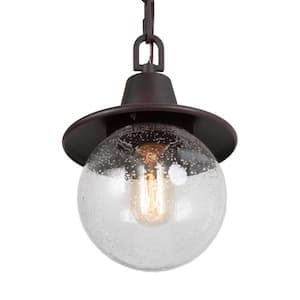 12.5 in. H 1-Light Textured Rust Outdoor Pendant Light with Seeded Glass, Ideal for Exteriors