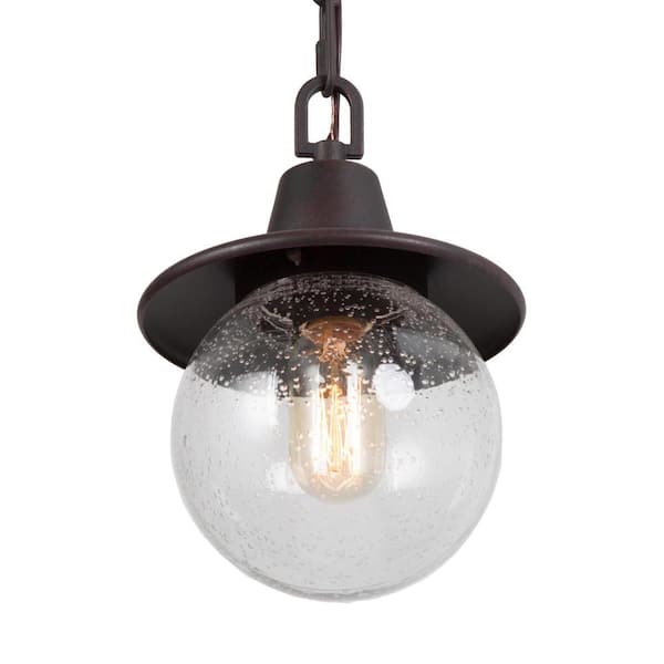 Unbranded 12.5 in. H 1-Light Textured Rust Outdoor Pendant Light with Seeded Glass, Ideal for Exteriors