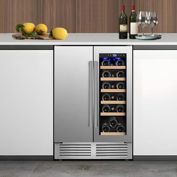 24 in. Dual Zone 18-Wine Bottles and 57-Cans Wine and Beverage Cooler Built in Wine Fridge 4-Door Handles in Silver