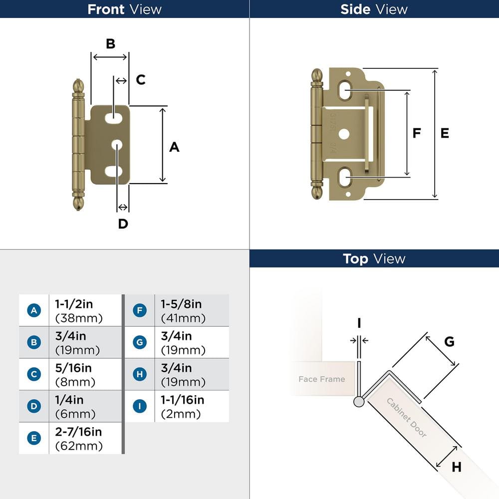Golden Champagne 3/4 Inch Full Inset Cabinet Hinge