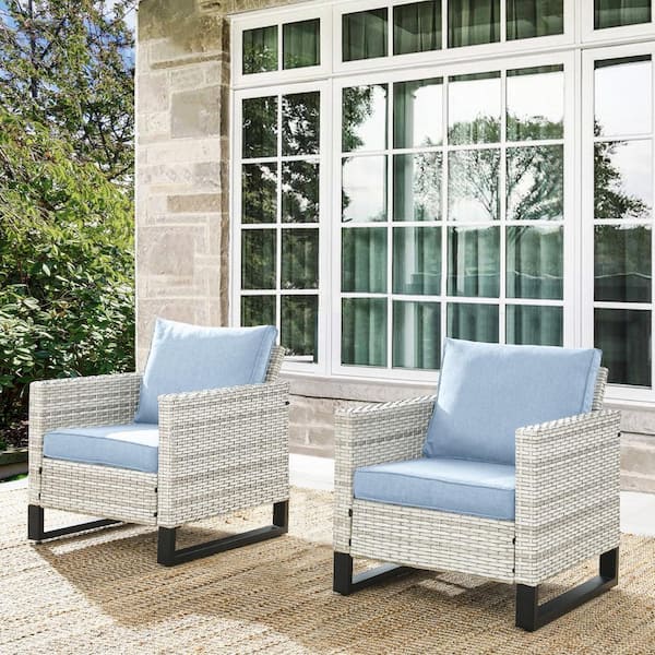 Opohoro Light Beige Modern Wicker Outdoor Lounge Chair, Rattan Armchair with Baby Blue Cushions for Balcony Porch (2-Pack)
