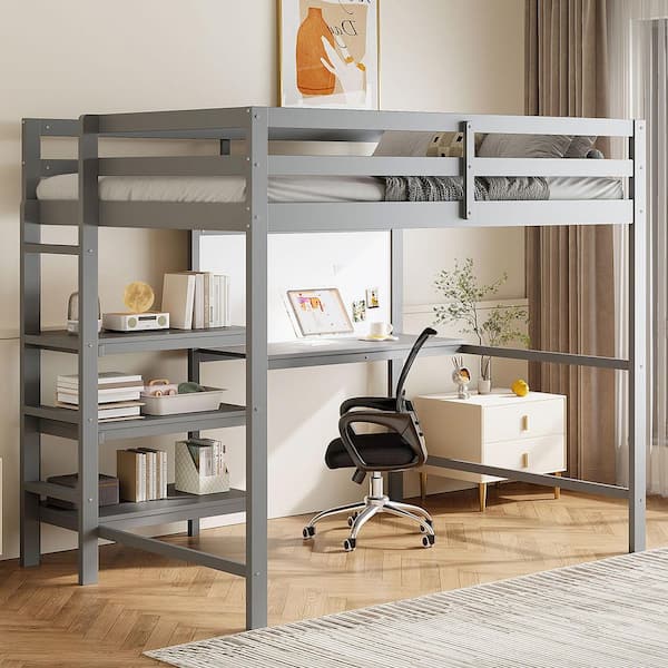 Gray Twin Size Wood Loft Bed with Ladder, Shelves, Desk and Writing Board