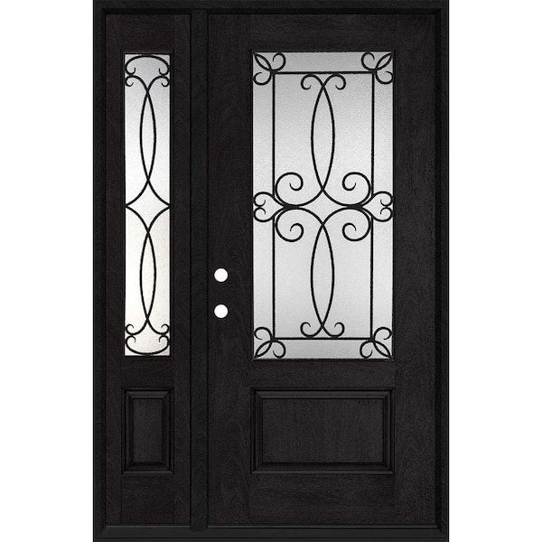 Steves & Sons Regency 53 in. x 80 in. 3/4-Lite Georgian Decorative Glass RHIS Onyx Mahogany Fiberglass Prehung Front Door 14 in. SL