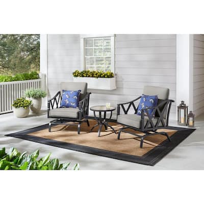 Harmony Hill 3-Piece Black Steel Outdoor Patio Motion Conversation Set with CushionGuard Stone Gray Cushions