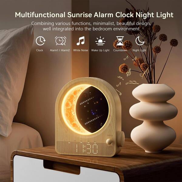 White Stepless Dimmable Moon Lamp Dual Alarm Clock with Wake Up