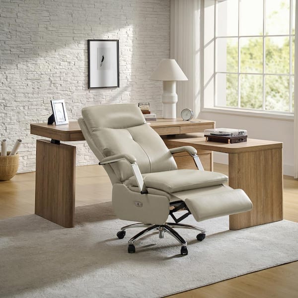 JAYDEN CREATION Lazaro Beige Genuine Leather Powered Office Recliner with Changing Stations
