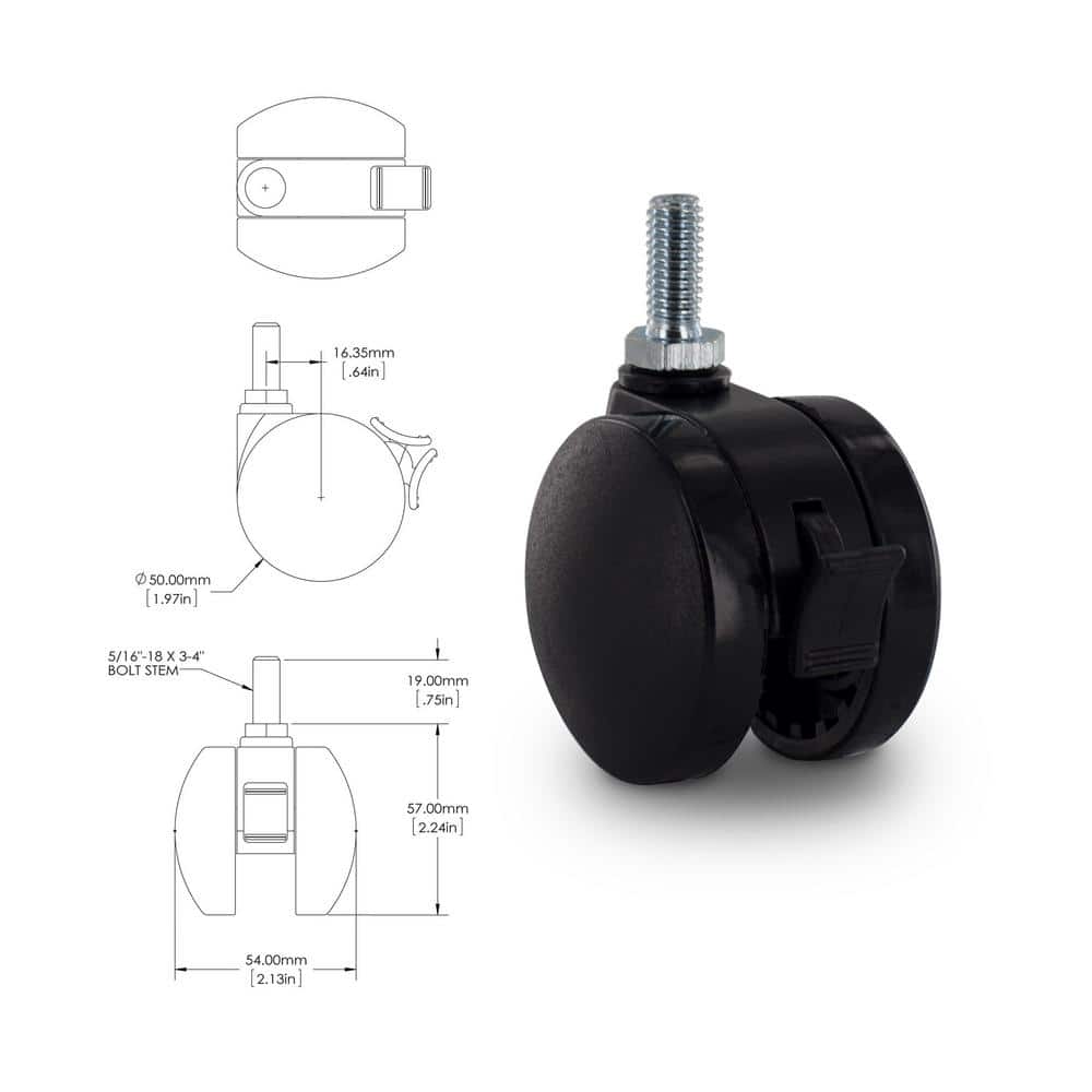 2-Inch Black Rubber Twin Wheel Swivel Brake Casters with Stem