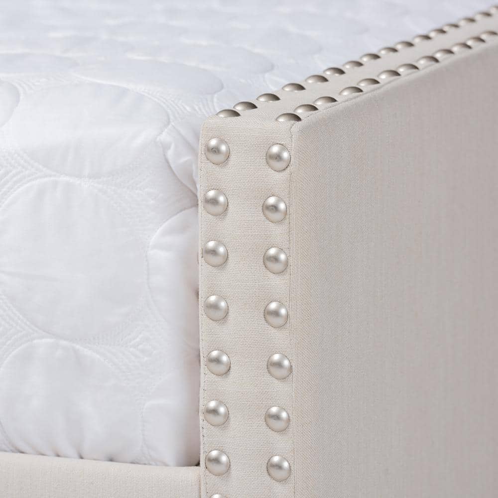 Beige Queen Wood Frame Upholstered Daybed with Nailhead Trim