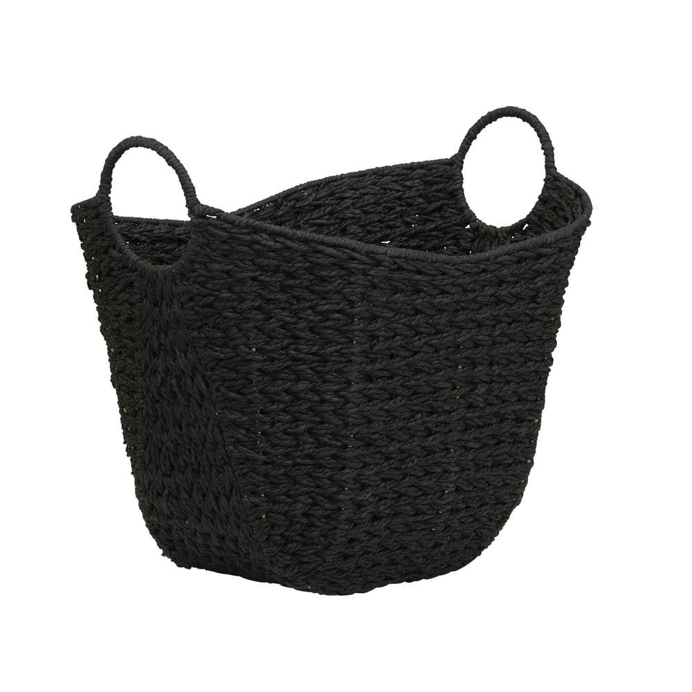 Black Woven Wicker Rectangular Storage Box with Handles