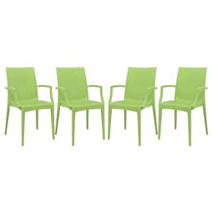 Green Mace Modern Stackable Plastic Weave Design Indoor Outdoor Dining Chair with Arms (Set of 4)