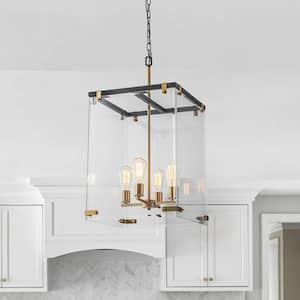 Puente 4-Light Black Brass Chandelier 15.7 in.W Vertical Rectangular Pendant Light with Clear Glass for kitchen Island