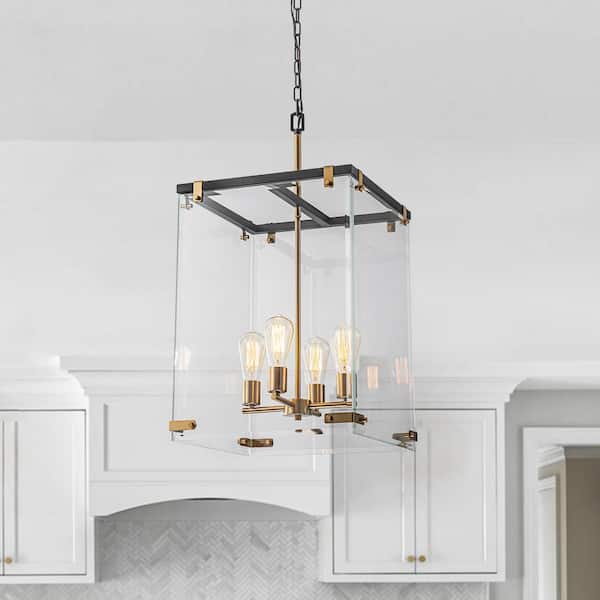 HUOKU Puente 4-Light Black Brass Chandelier 15.7 in.W Vertical Rectangular Pendant Light with Clear Glass for kitchen Island