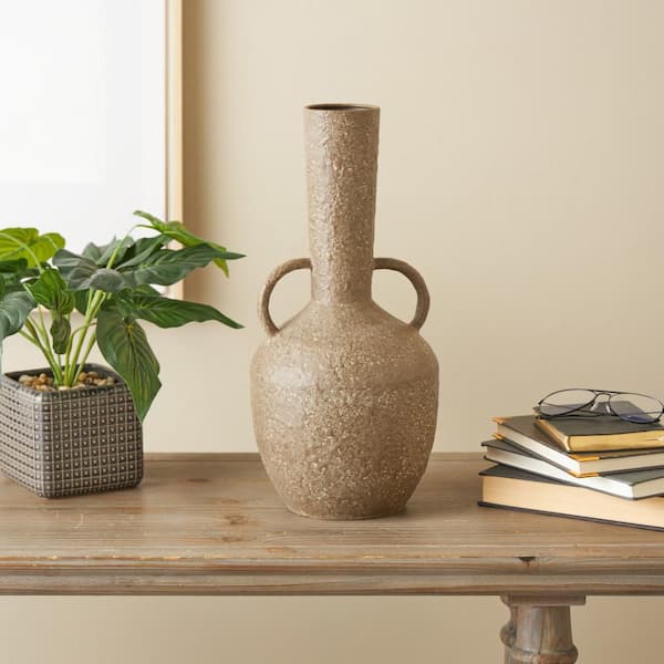 Litton Lane 17 in. Brown Antique Amphora Inspired Metal Decorative Vase with Handles