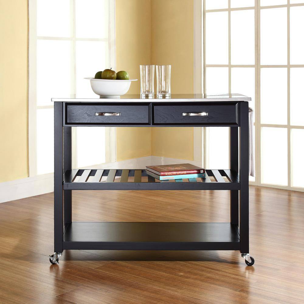Stainless Steel Top Black Kitchen Cart with Wine Rack