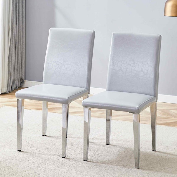 Light Gray,Silver PU Leather Metal Frame Dining Chairs Set of 2
