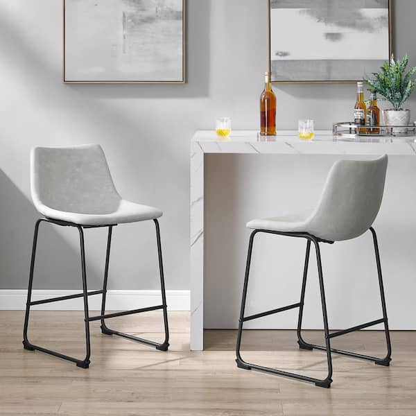 Walker Edison Furniture Company Wasatch 24 in. Grey Low Back Metal Frame Counter Height Bar Stool with Faux Leather Seat Set of 2 HD8373