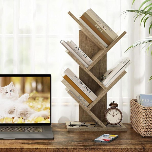 Greige 11.8 in. x 24 in. Wood Classic 4-Tier Desk Display Shelf
