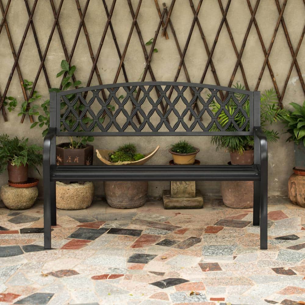 Black Steel Outdoor Garden Bench with Cast Iron Backrest