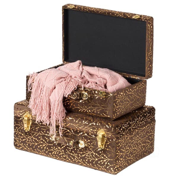 Vintiquewise Decorative Brown Tufted Velvet Suitcase Treasure Chest (Set of 2)