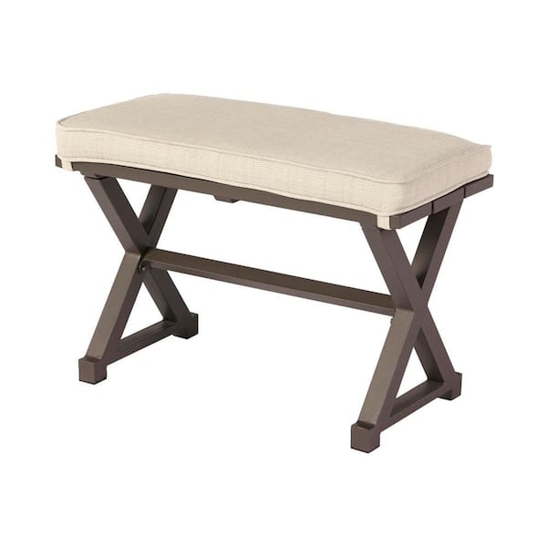 Hampton Bay Mix and Match Farmhouse 2-Person Steel Outdoor Patio Bench with Tan Cushion