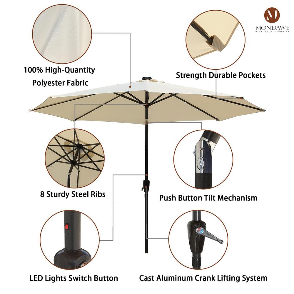 10 ft Beige Aluminum Market Patio Umbrella with LED Lights