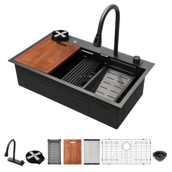 33 in Drop-In Single Bowl 16-Gauge Gunmetal Black Stainless Steel Workstation Kitchen Sink with Waterfall Faucet Combo