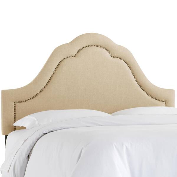 Unbranded Max Linen Sandstone California King Arch Inset Headboard with Brass Nail Buttons