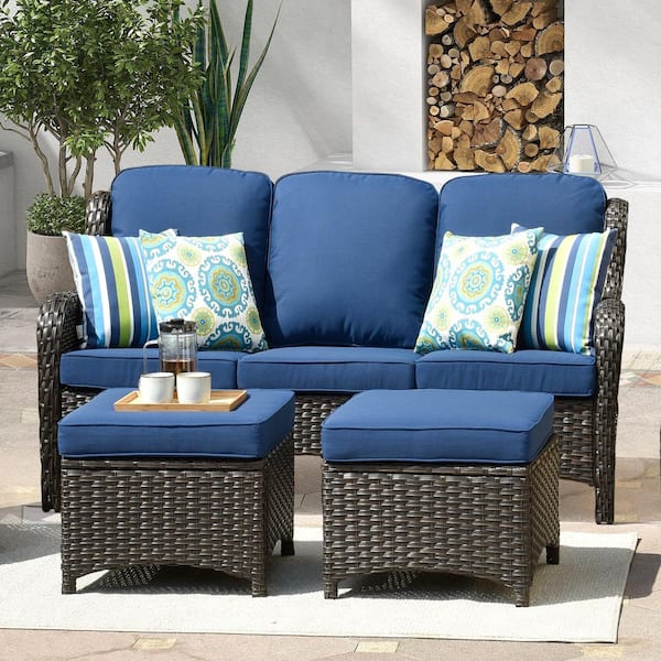 XIZZI Alps Brwon Wicker Outdoor Couch Patio Sofa with Navy Blue Cushions and Ottoman