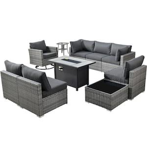 Sanibel Gray 10-Piece Wicker Patio Conversation Sofa Set with a Swivel Chair, a Metal Fire Pit and Black Cushions