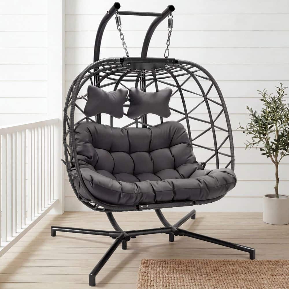 FINCATI Large 2-Person 700 lbs. Gray Wicker Double Patio Swing Egg Chair with Black Stand and Gray Cushions DS-0087