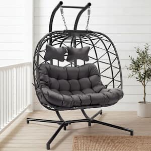 Large 2-Person 700 lbs. Gray Wicker Double Patio Swing Egg Chair with Black Stand and Gray Cushions