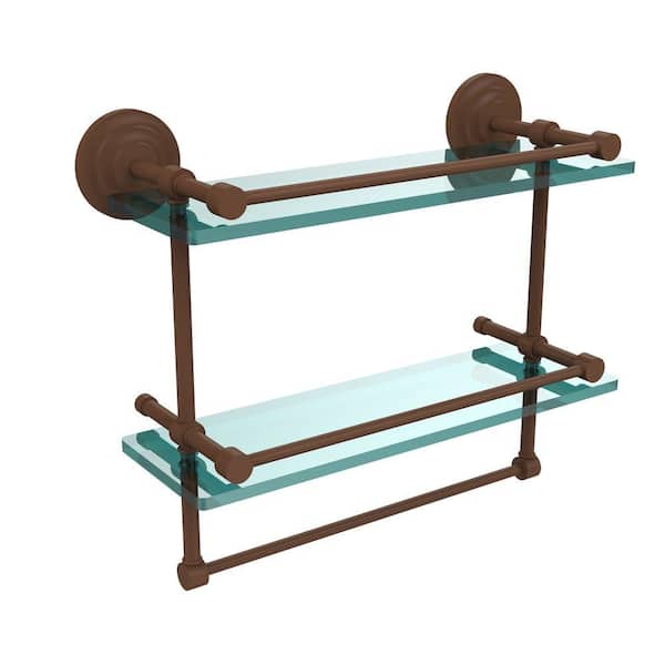 Allied Brass 16 in. L x 12 in. H x 5 in. W 2-Tier Gallery Clear Glass Bathroom Shelf with Towel Bar in Antique Bronze