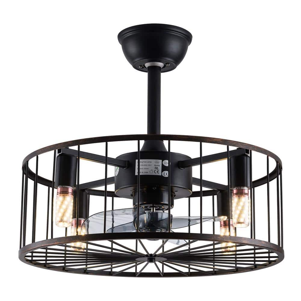 OUKANING 18.5 in. Indoor Rustic Metal Shade Black Caged 3 Gear Wind and ...