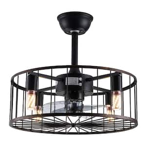 18.5 in. Indoor Rustic Metal Shade Black Caged 3 Gear Wind and Timing Ceiling Fan Light with Remote Control