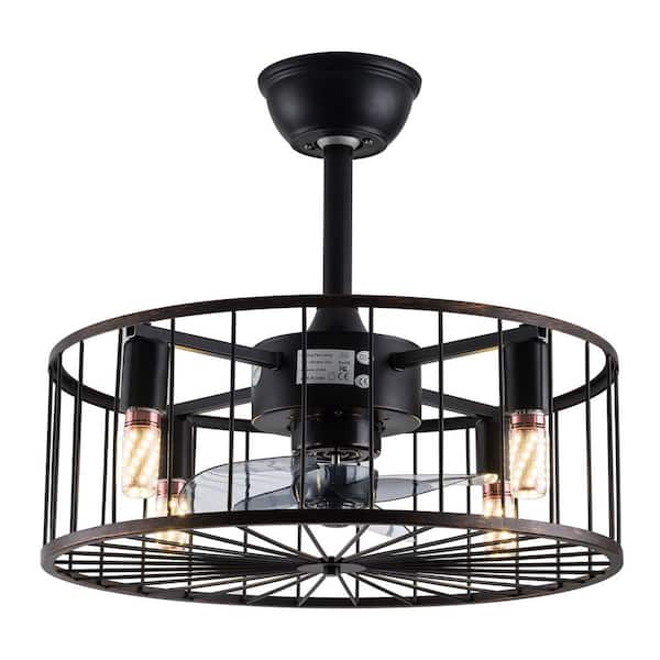 OUKANING 18.5 in. Indoor Rustic Metal Shade Black Caged 3 Gear Wind and Timing Ceiling Fan Light with Remote Control
