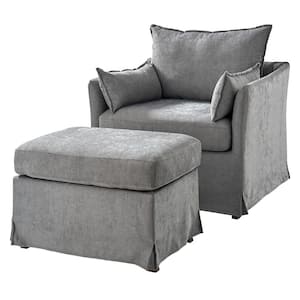 Sylvia Modern Grey Slipcovered Solid Wood Leg Armchair with Ottoman