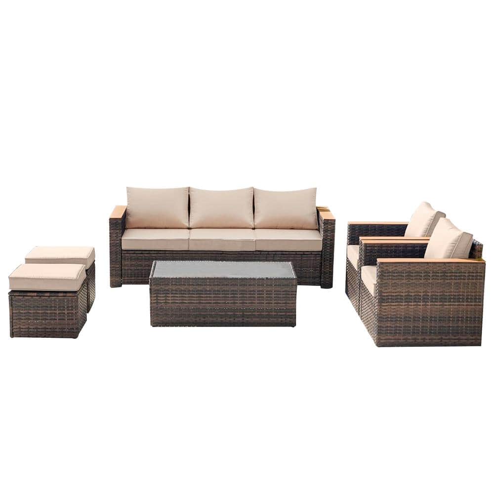 6-Piece All-Weather Brown PE Rattan Wicker Outdoor Patio Sectional Sofa Set
