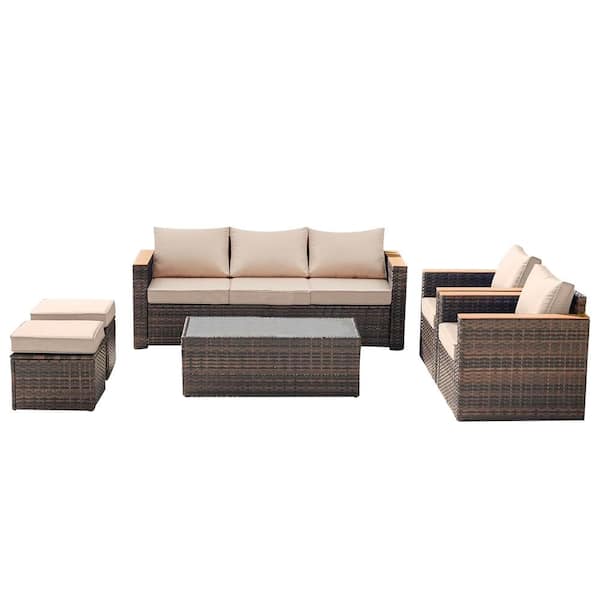 Unbranded 6-Piece All-Weather Brown PE Rattan Wicker Outdoor Patio Sectional Sofa Set with Khaki Cushions and Ottoman