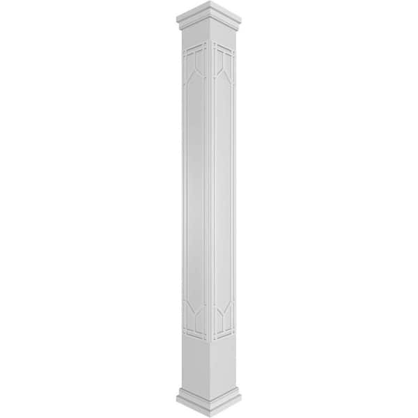 Ekena Millwork 7-5/8 in. x 8 ft. Premium Square Non-Tapered Shaker Fretwork PVC Column Wrap Kit with Prairie Capital and Base