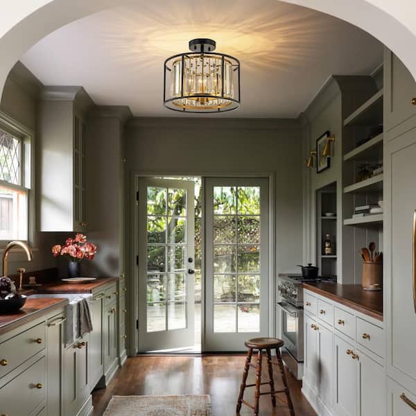 13.98 In. 3-Light Matte Black Modern Crystal Semi Flush Mount Ceiling Light Fixture With Cage Frame and No Bulb Included