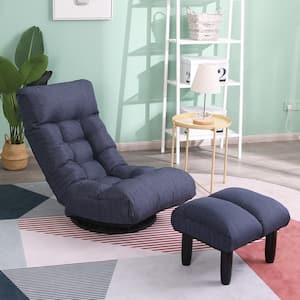 Blue Linen Lazy Swivel Accent Reclining Chair with Ottoman