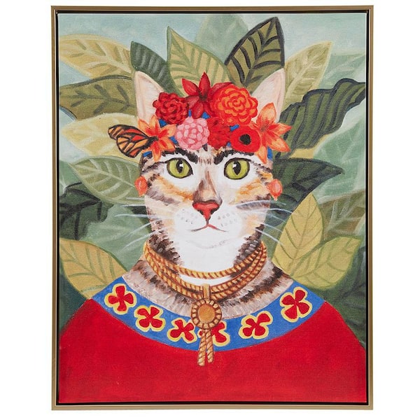 Unbranded Wood Framed 16.5 in. x 20.5 in. Bohemian Cat In Forest Framed Canvas Wall Art