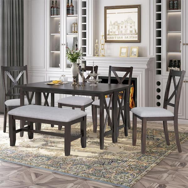 Qualler 6-Piece Espresso Brown Wood Top Dining Room Set Seats 6 with Foldable Table Cushioned Chairs and Bench